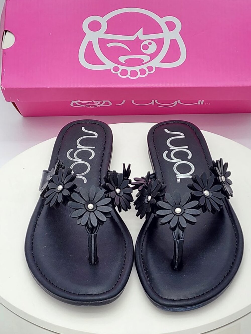 Sugar Finnesse Black Daisy Embellished Thong Flat Sandals Women’s Size 9.5 - Picture 6 of 8